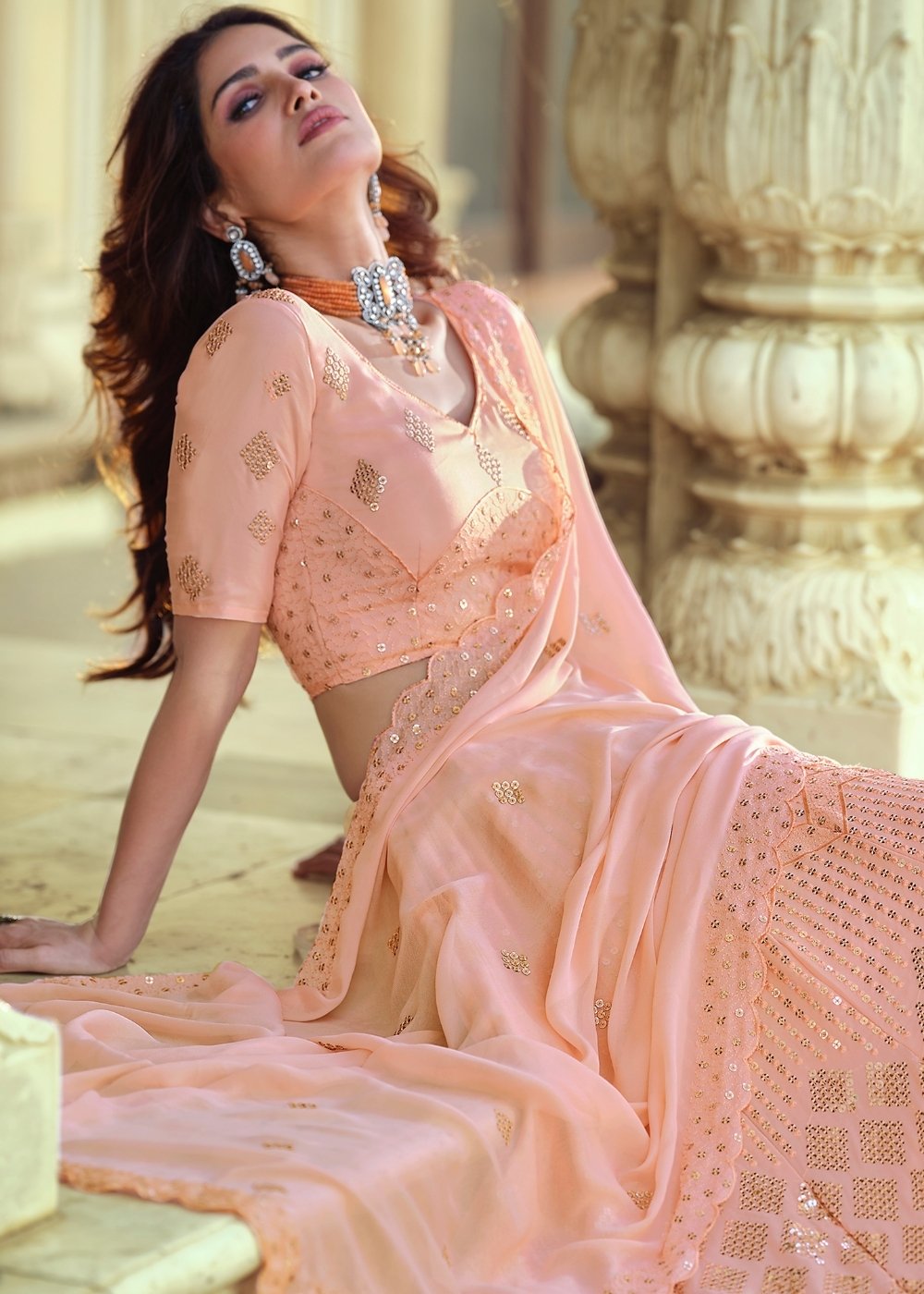 Rose Pink Georgette Lehenga Choli with Sequins & Thread work | Ready To Wear - qivii
