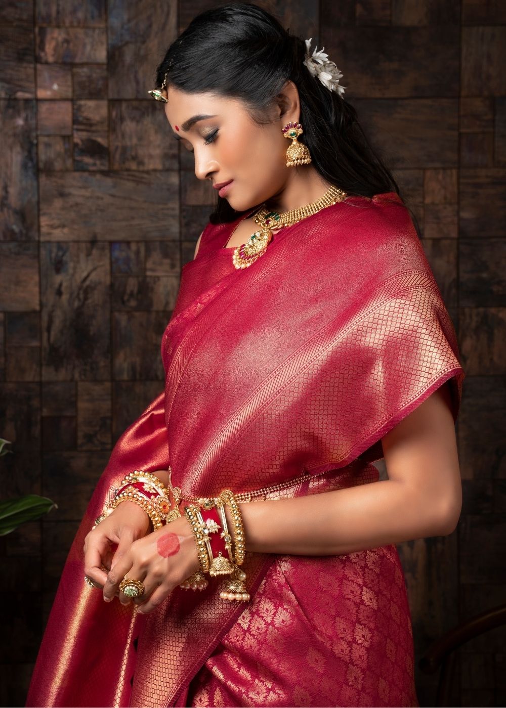 Raspberry Red Woven Kanjivaram Silk Saree - qivii