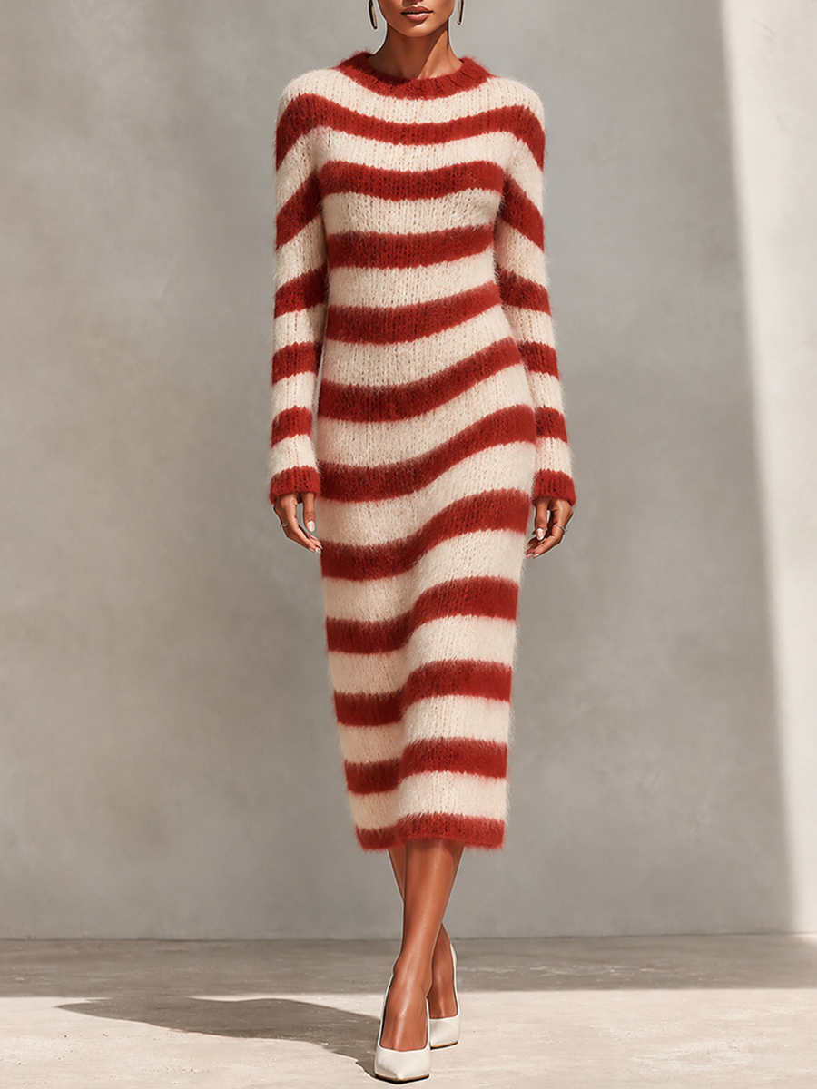 Women's Crew Neck Striped Knit Dress For Fall Daily Wear MDZ0223I7LYL