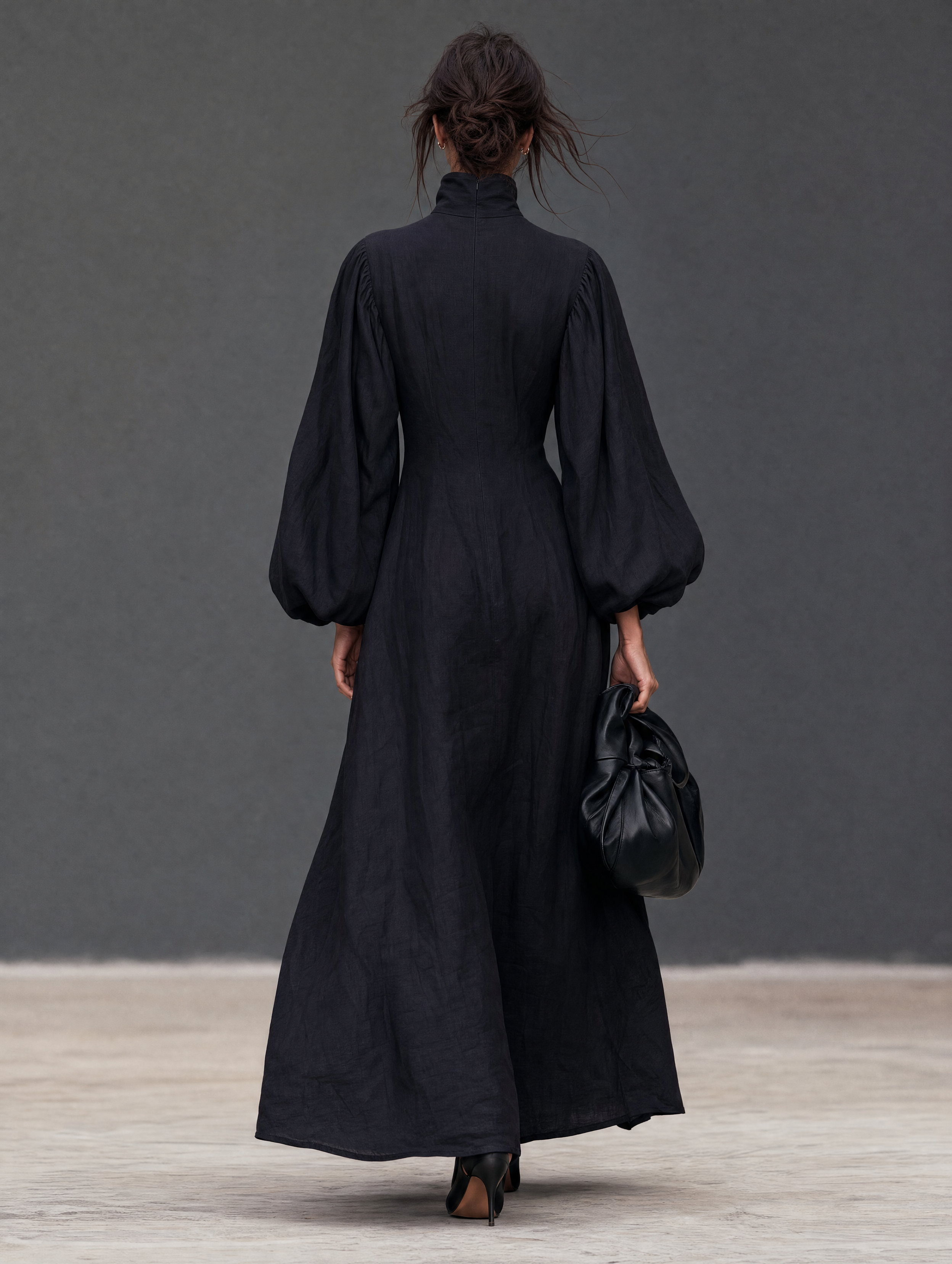 Women's Vintage Linen-Blend Embroidered Lantern-Sleeve Maxi Dress With Mock Neck MDZ1998H7WY