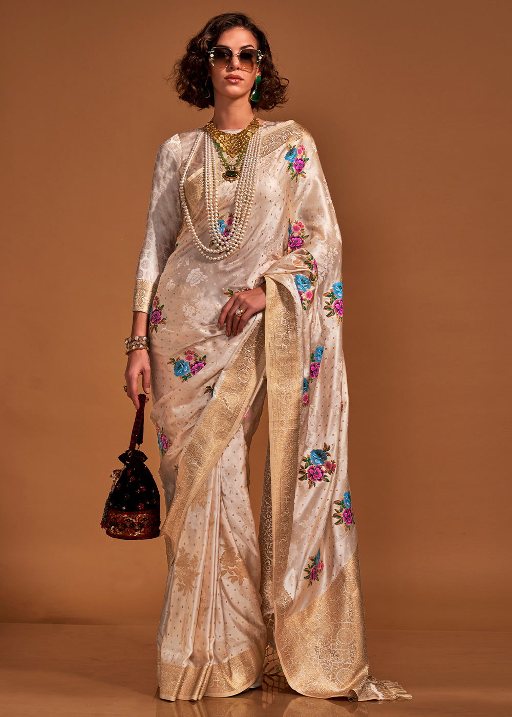 Parchment Brown & White Handloom Satin Silk Saree with Multi Colored Flower Weaving Work - qivii