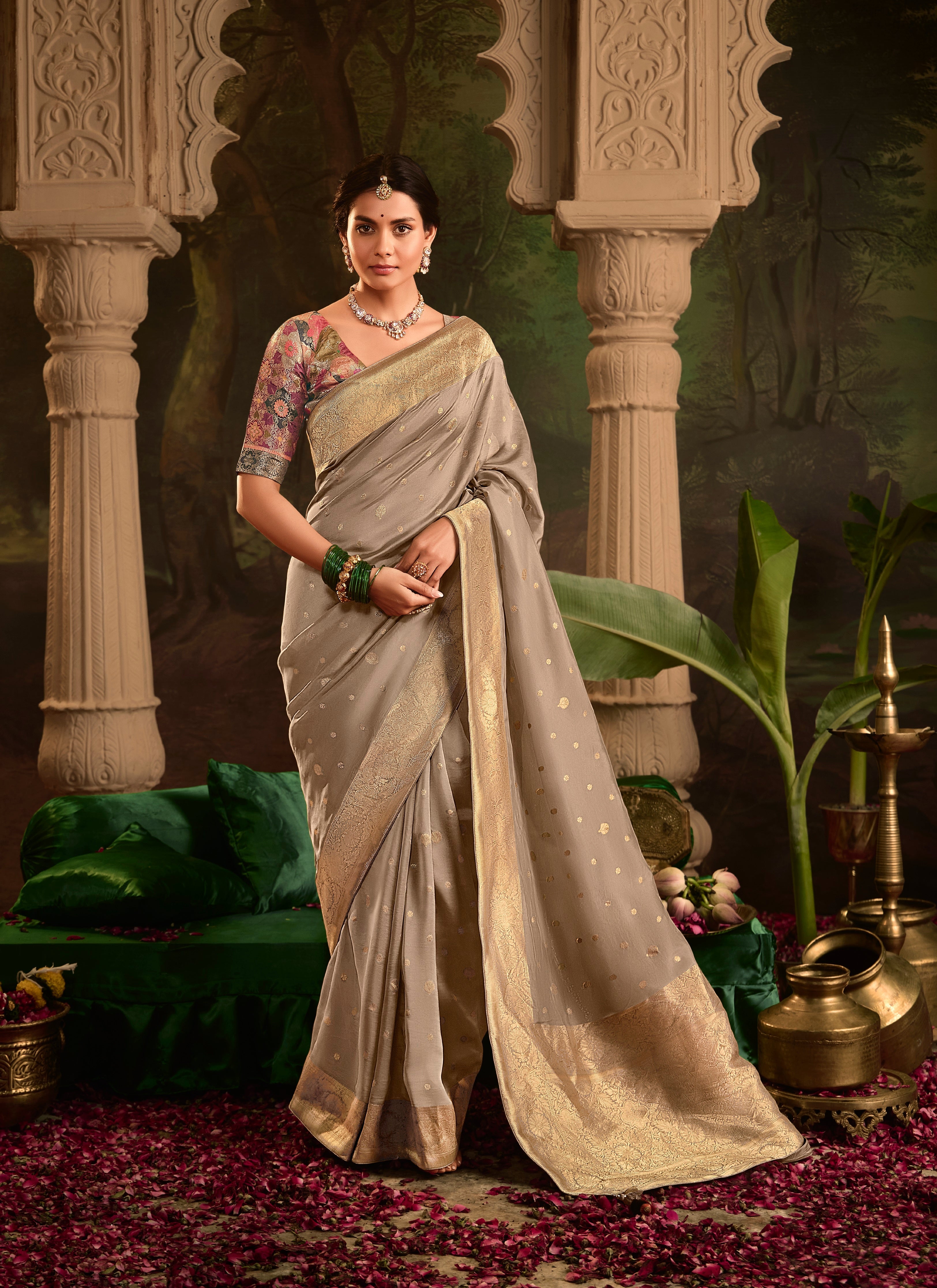 Grey Pure Crepe Dola Silk With Heavy Viewing Work And Tussles On Pallu Saree - qivii