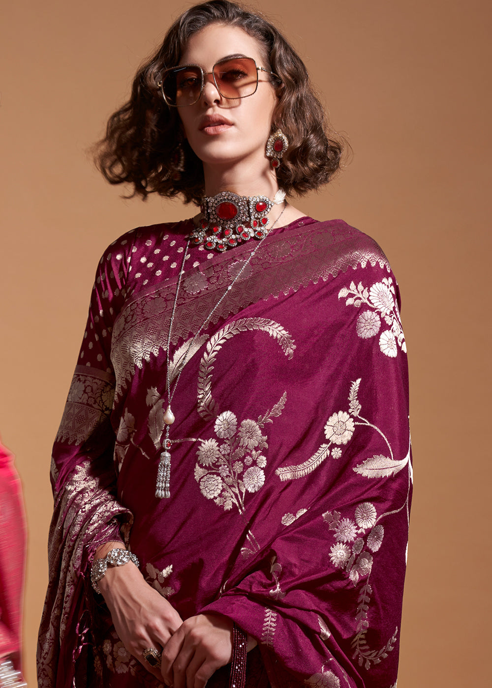 Cardinal Purple Floral Handloom Woven Georgette Silk Saree - qivii