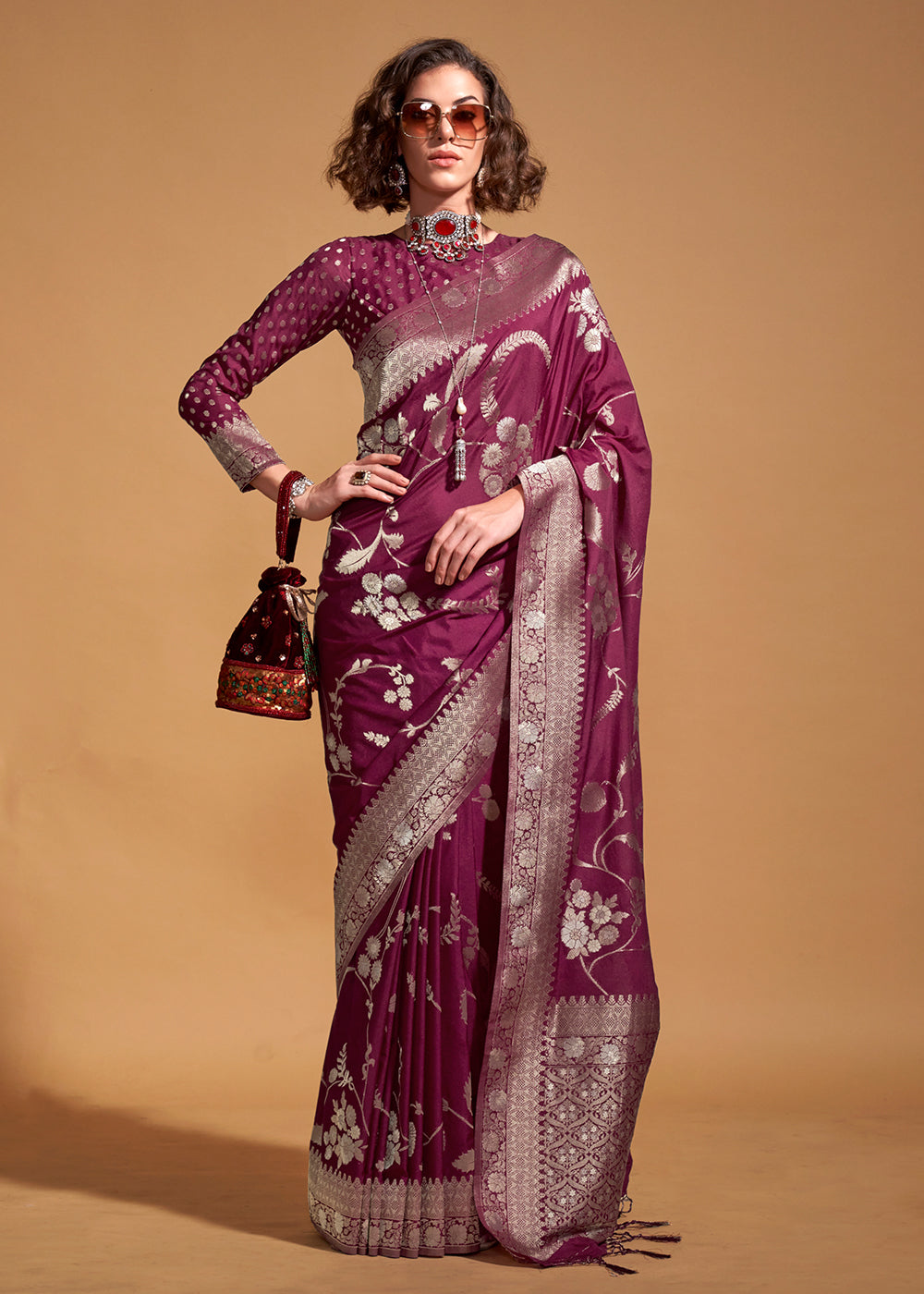 Cardinal Purple Floral Handloom Woven Georgette Silk Saree - qivii