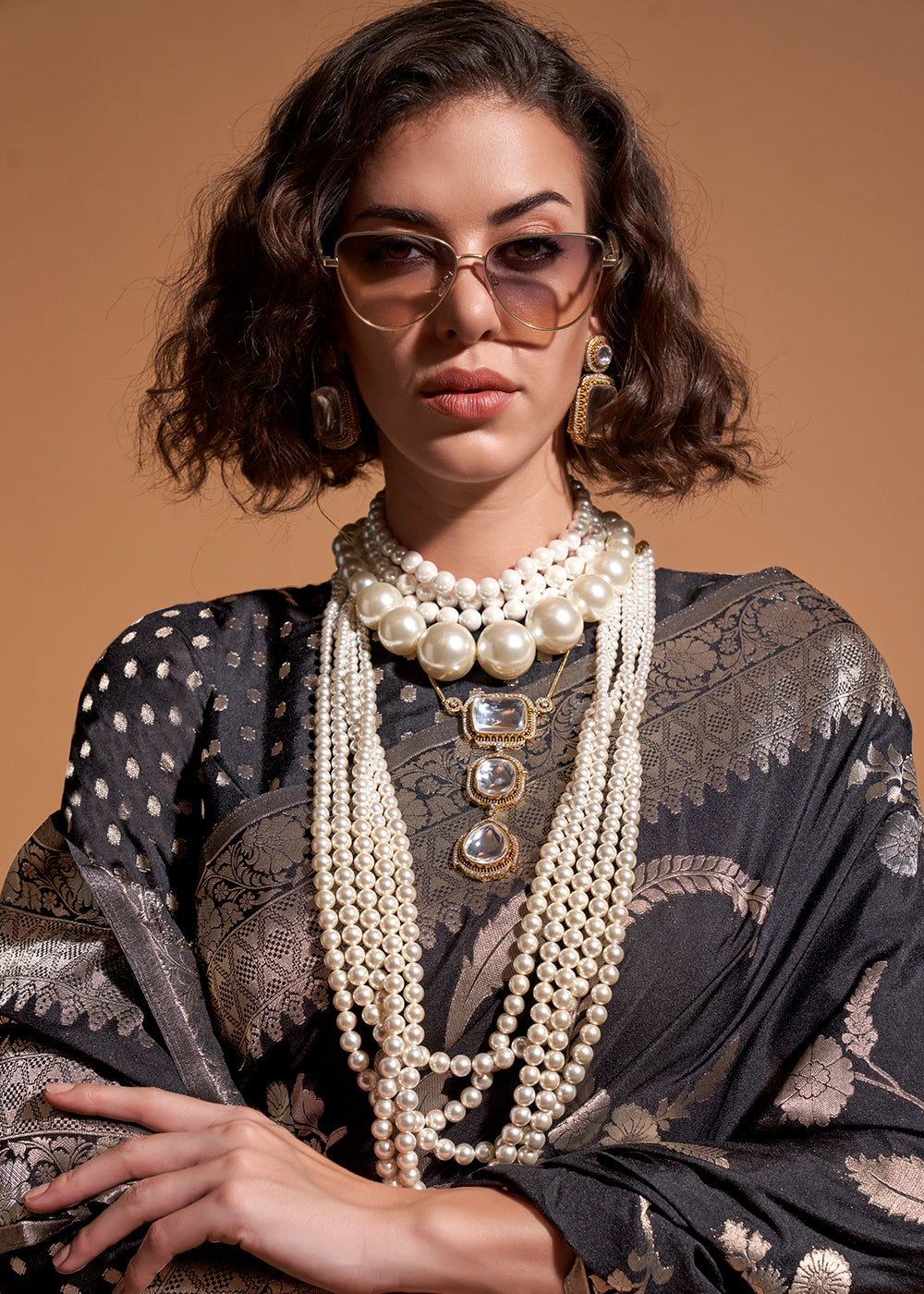 Pitch Black Floral Handloom Woven Georgette Silk Saree - qivii