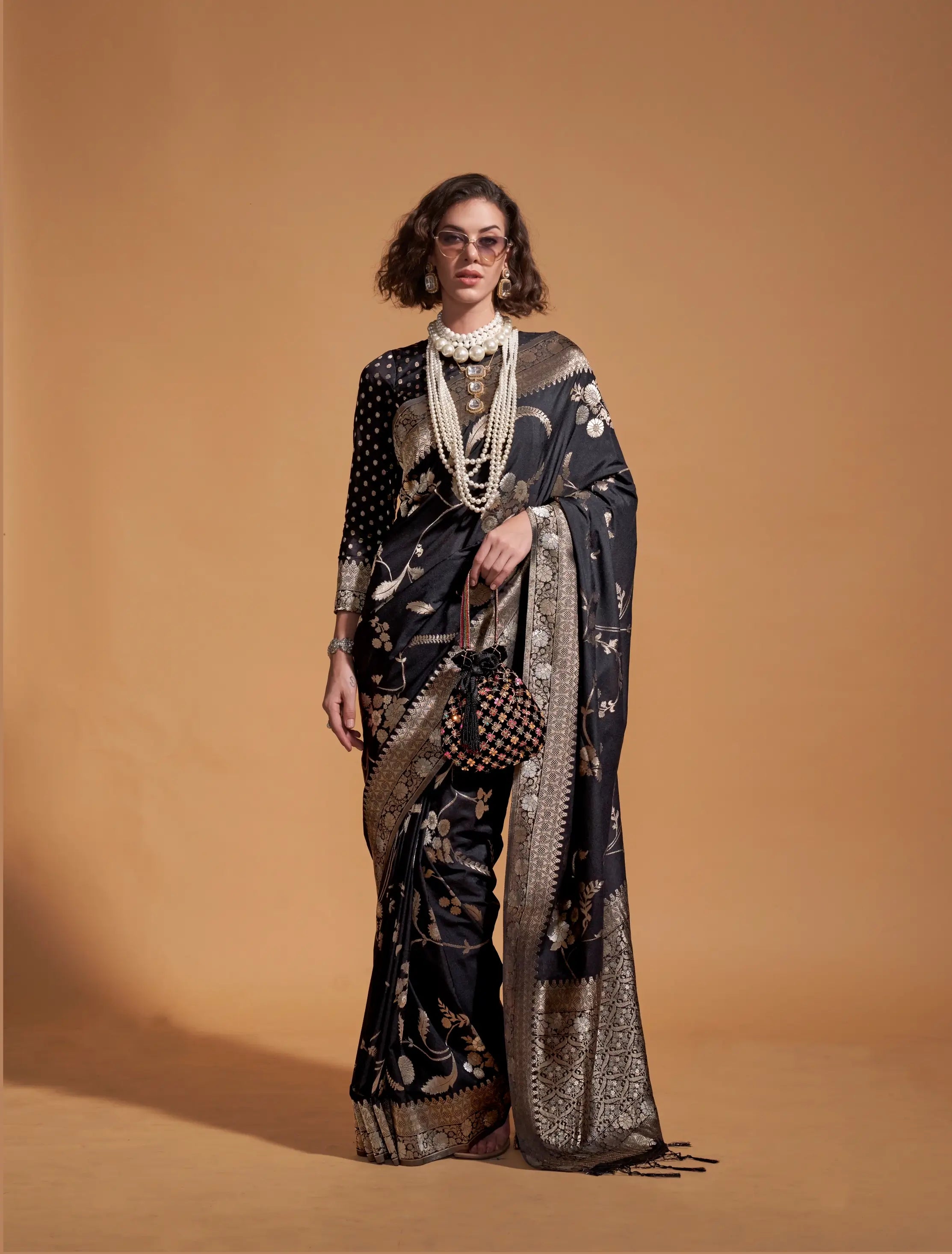 Black Georgette Zari Weaving Silk Saree - qivii