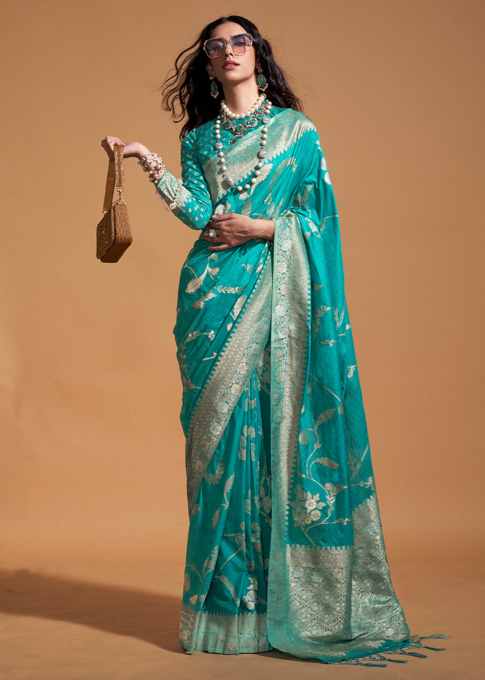 Aqua Blue Floral Handloom Woven Georgette Silk Saree - qivii