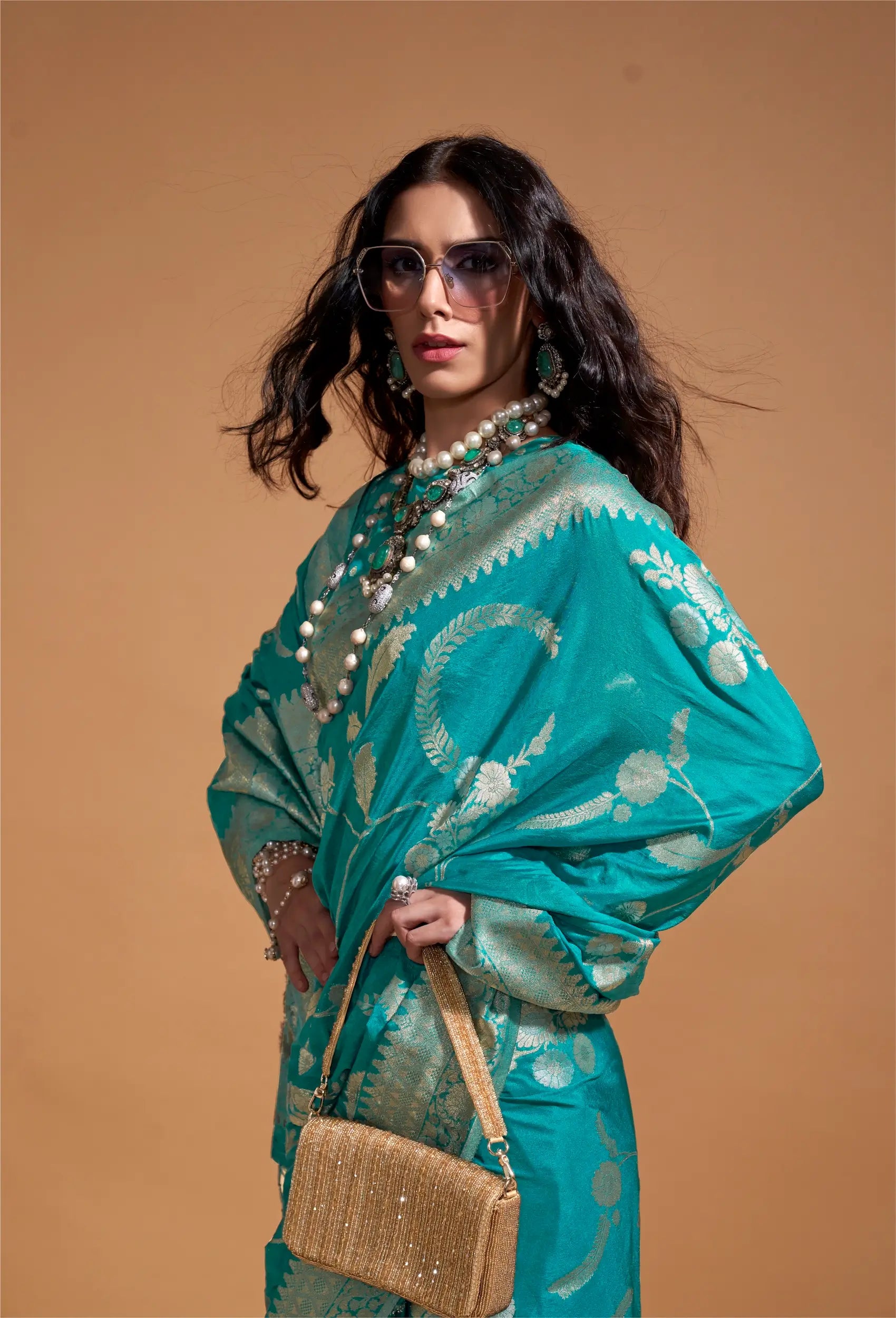 Pacific Blue Georgette Zari Weaving Silk Saree - qivii