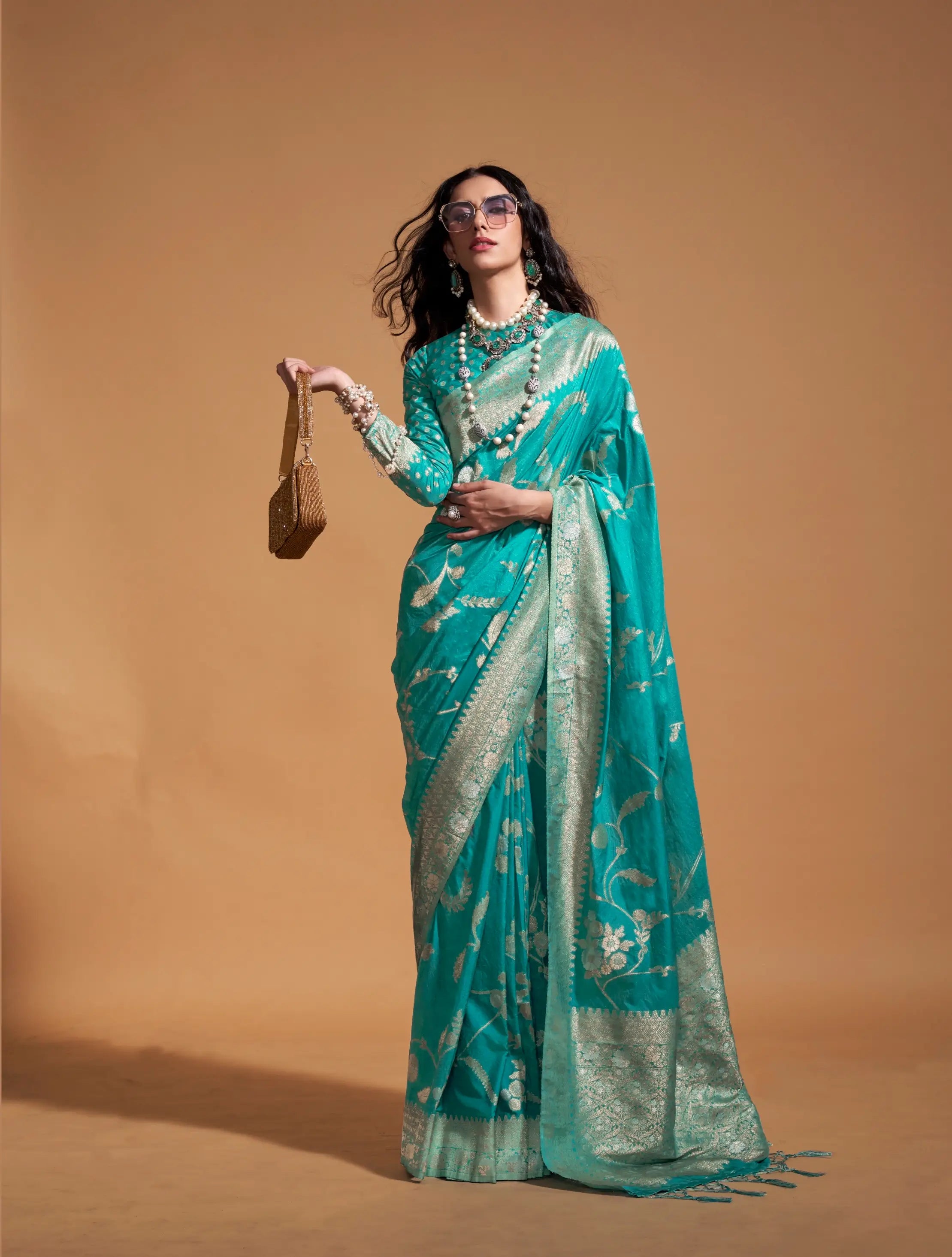 Pacific Blue Georgette Zari Weaving Silk Saree - qivii