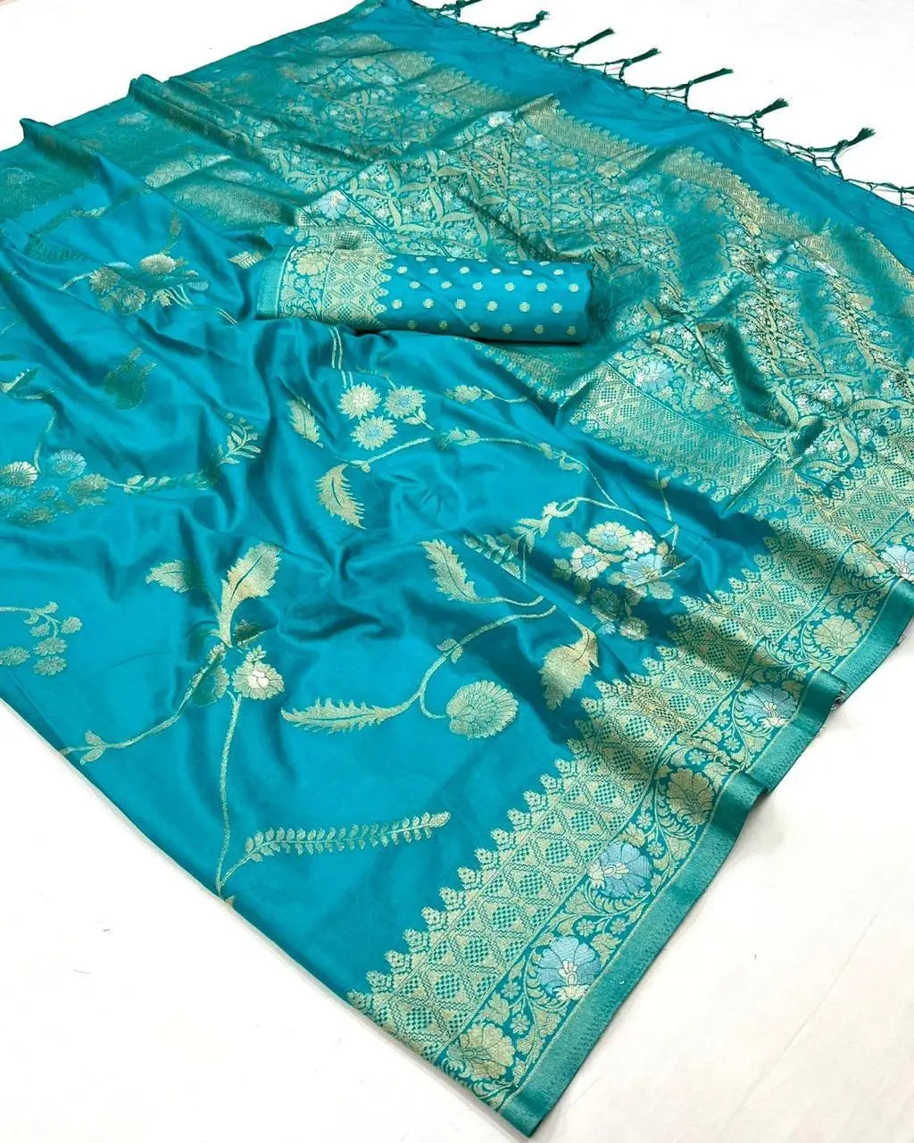 Pacific Blue Georgette Zari Weaving Silk Saree - qivii