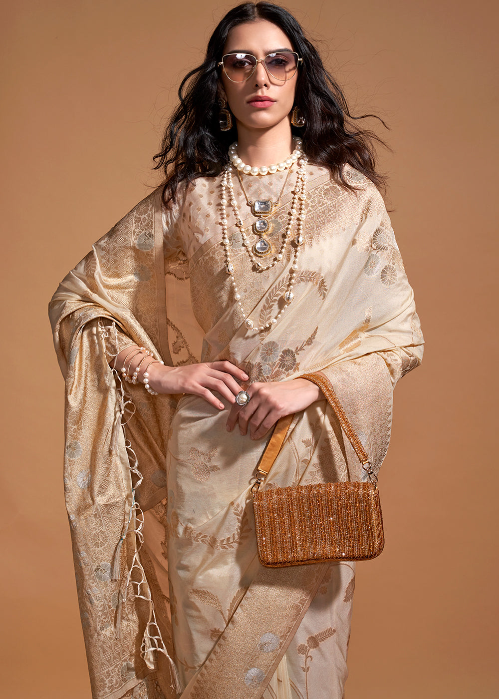 Beige Brown Floral Handloom Woven Georgette Silk Saree - qivii