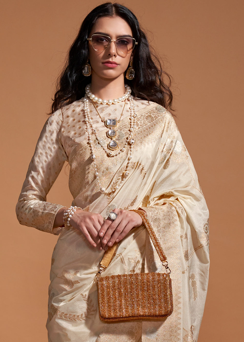 Beige Brown Floral Handloom Woven Georgette Silk Saree - qivii