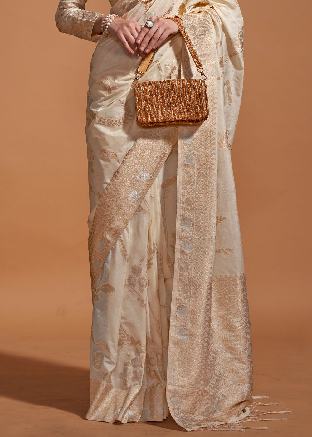 Beige Brown Floral Handloom Woven Georgette Silk Saree - qivii