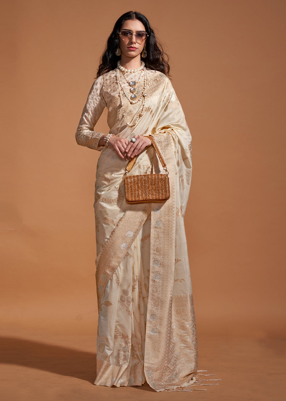 Beige Brown Floral Handloom Woven Georgette Silk Saree - qivii