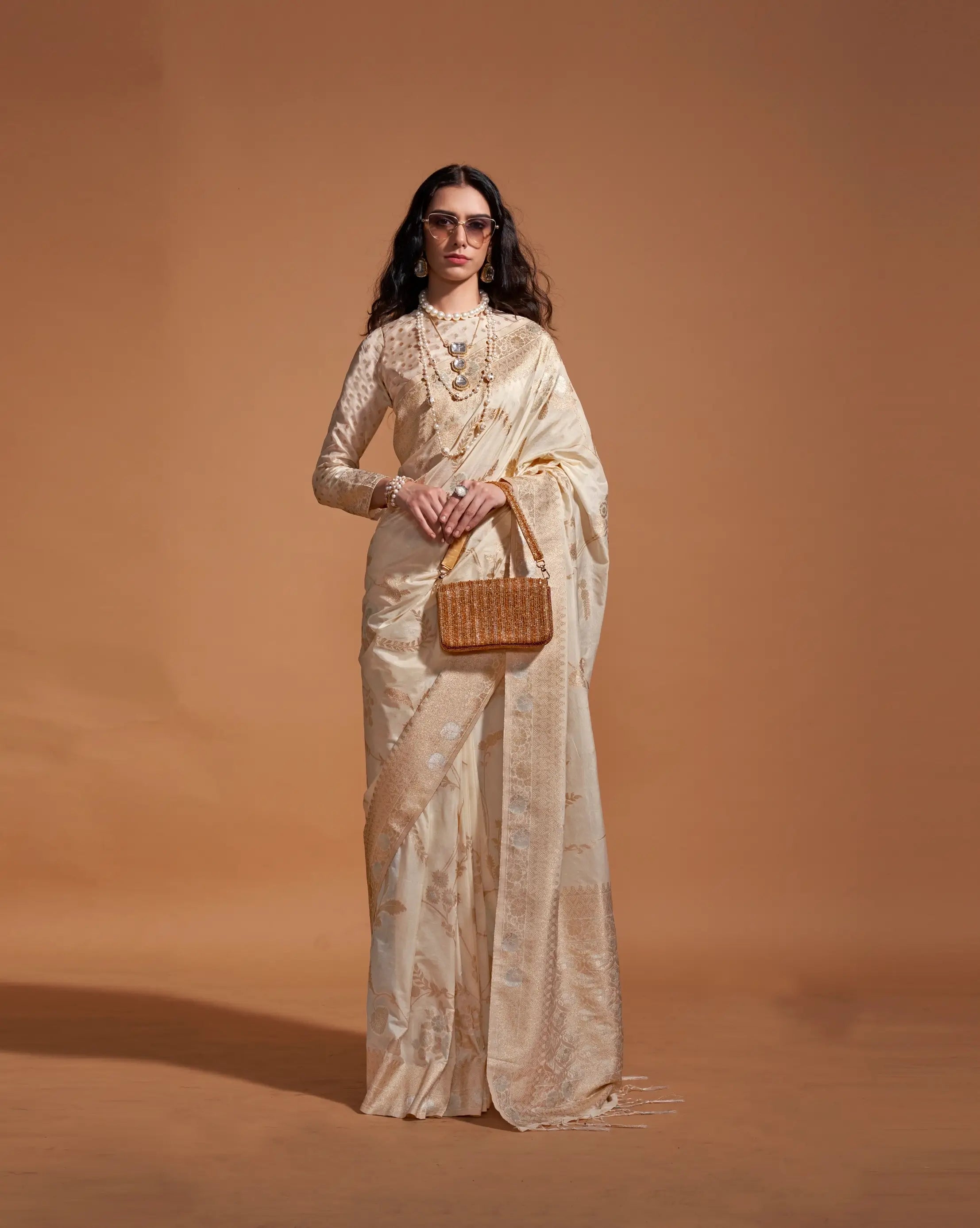 Beige Georgette Zari Weaving Silk Saree - qivii