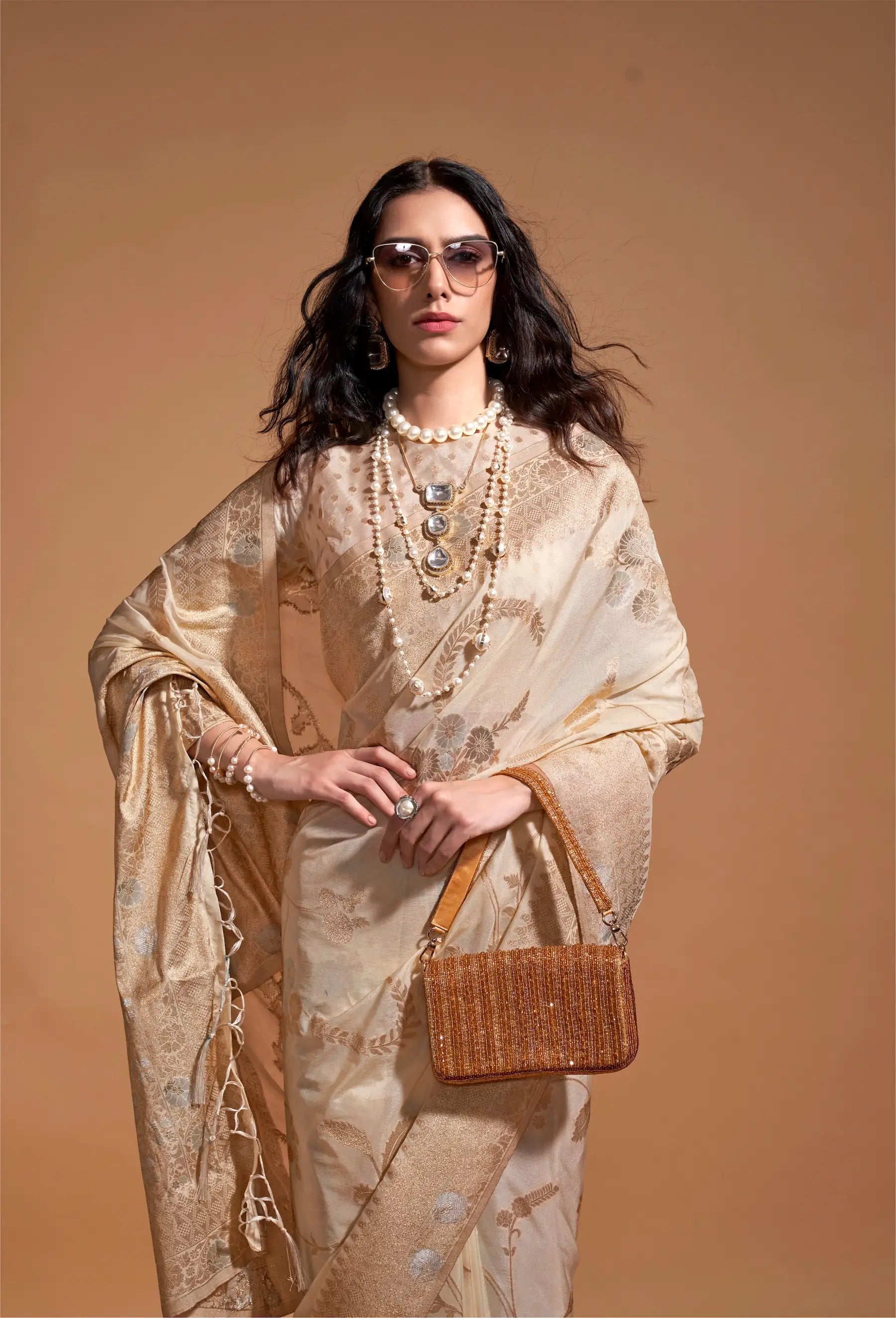 Beige Georgette Zari Weaving Silk Saree - qivii