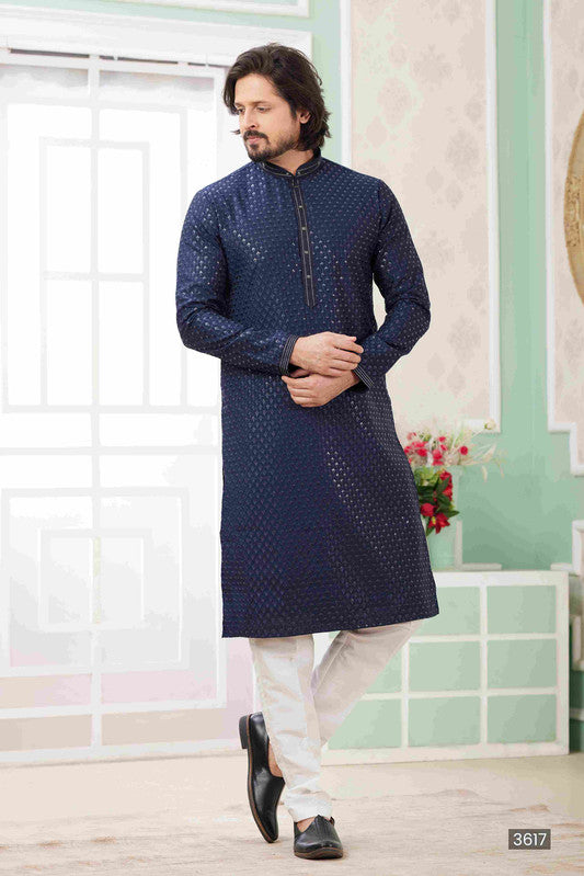 Men's Blue Art Silk Embroidery Kurta Set