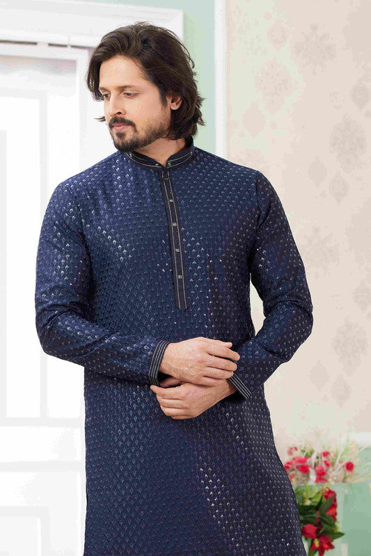 Men's Blue Art Silk Embroidery Kurta Set