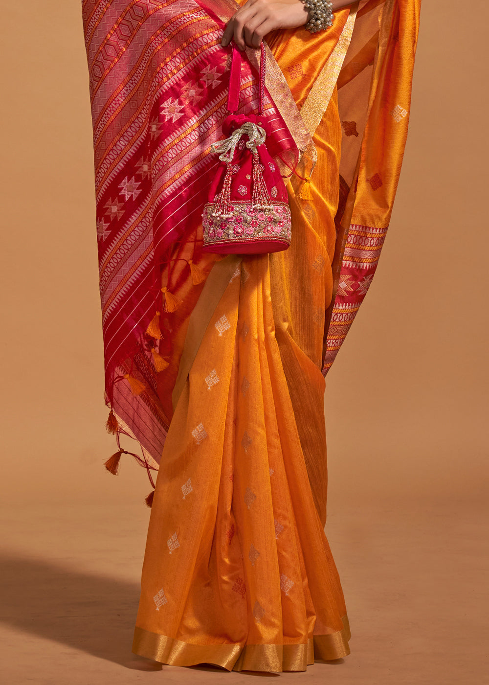 Tangerine Orange Handloom Woven Silk Saree - qivii