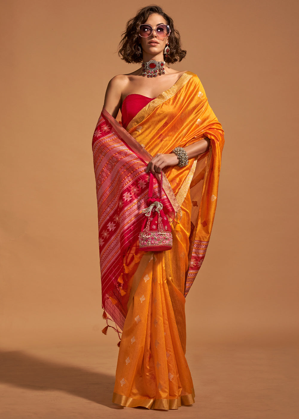 Tangerine Orange Handloom Woven Silk Saree - qivii
