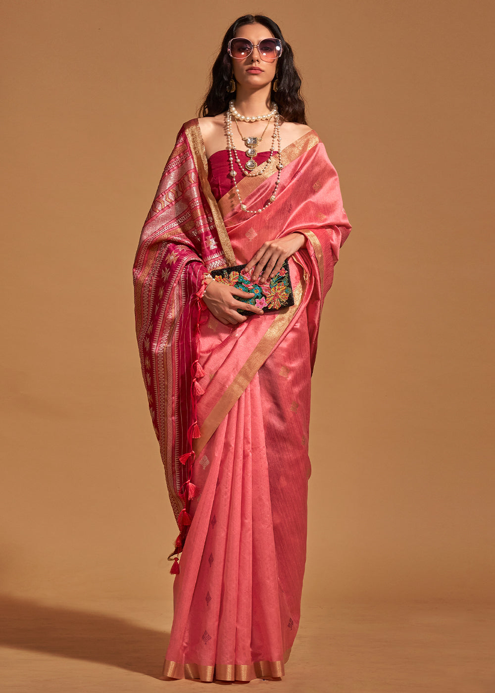 Brink Pink Handloom Woven Silk Saree - qivii