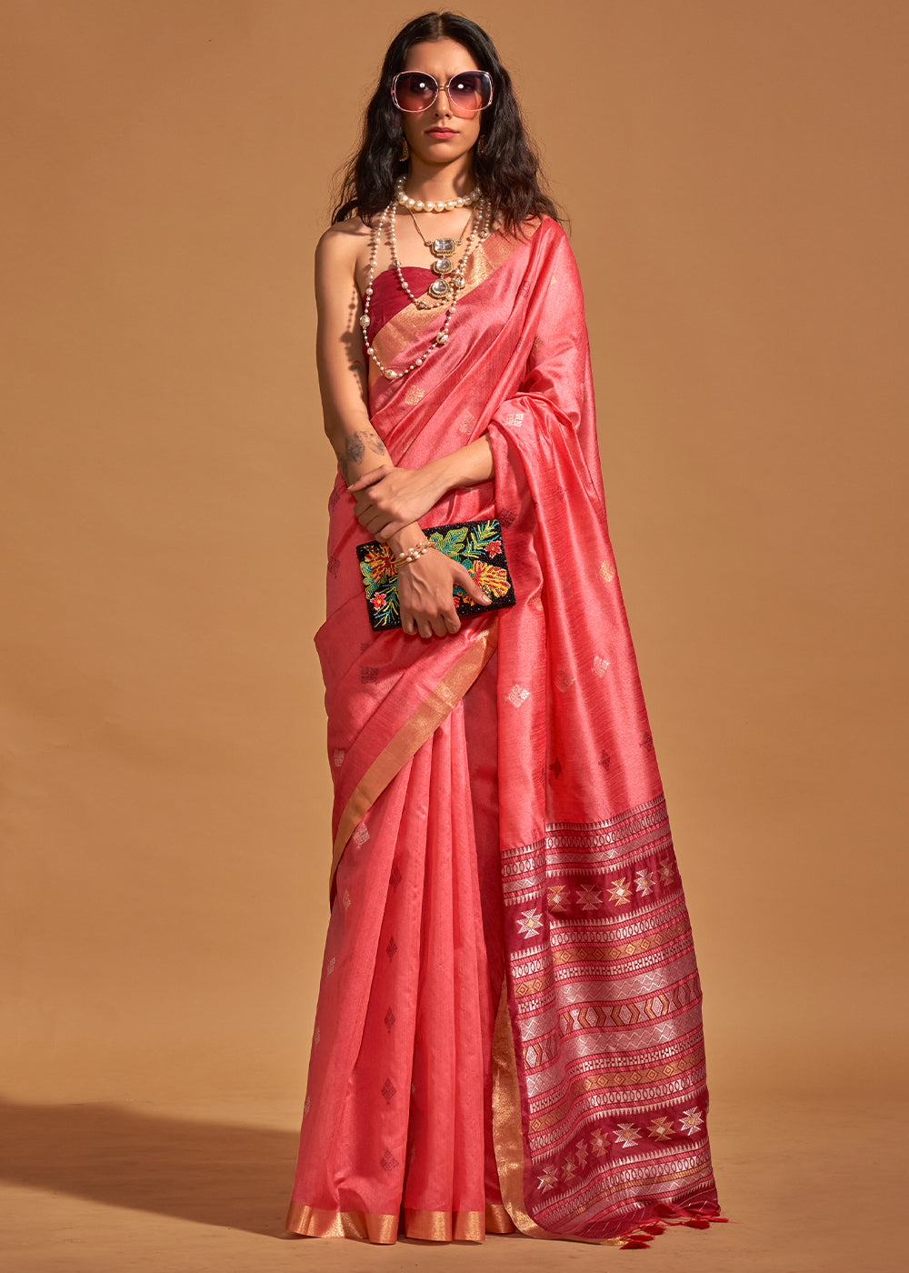 Brink Pink Handloom Woven Silk Saree - qivii