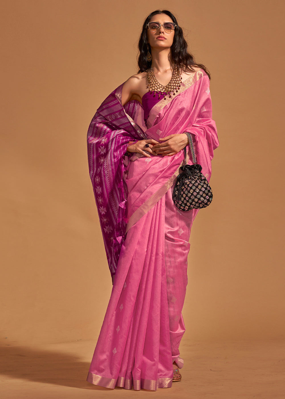 Barbie Pink Handloom Woven Silk Saree - qivii