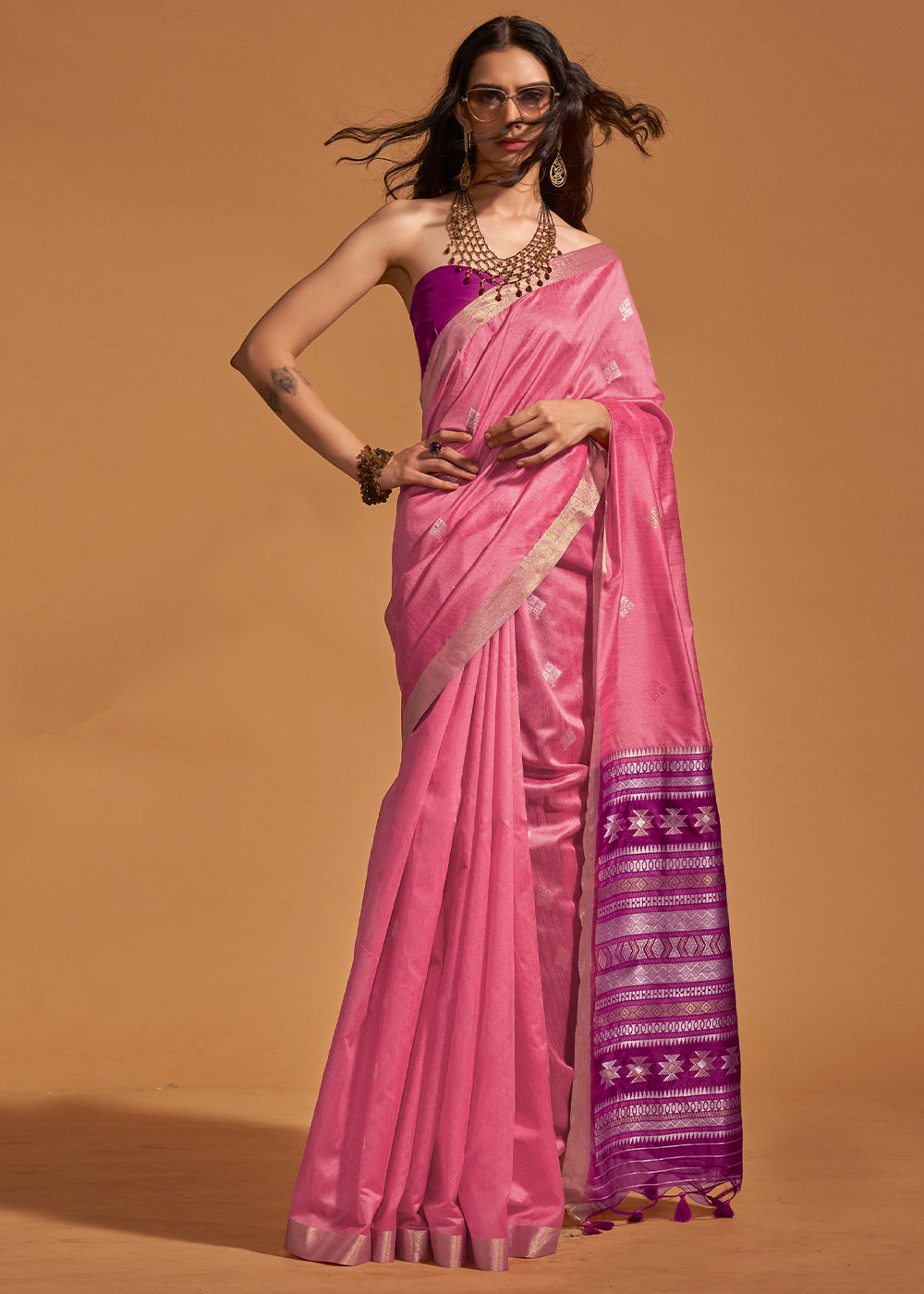 Barbie Pink Handloom Woven Silk Saree - qivii