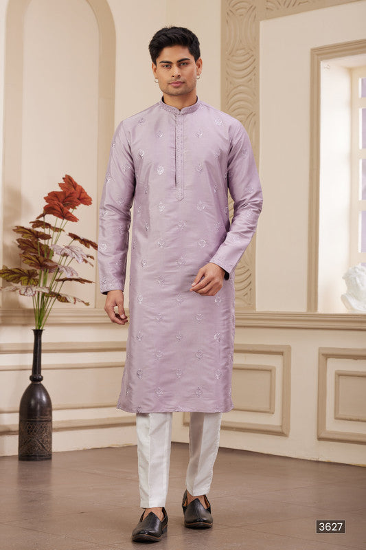 Men's Art Silk Thread Work Kurta Pyjama In Light Purple Colour