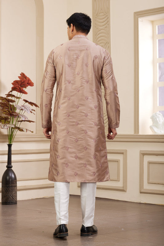Men's Art Silk Thread Work Kurta Pyjama In Brown Colour