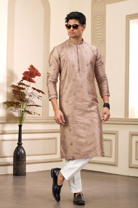 Men's Art Silk Thread Work Kurta Pyjama In Brown Colour