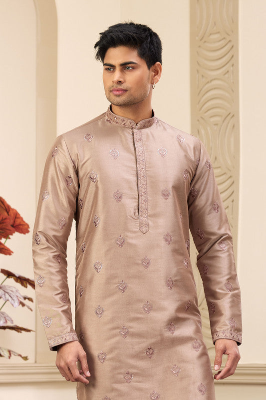 Men's Art Silk Thread Work Kurta Pyjama In Brown Colour