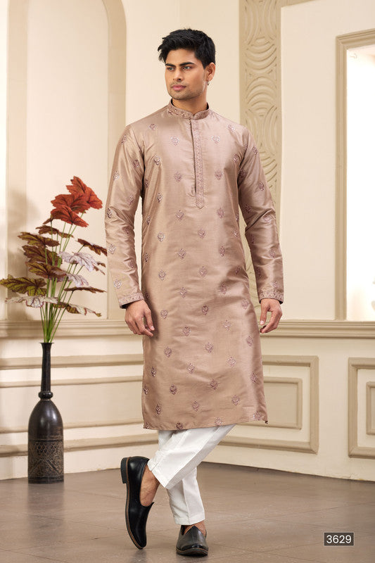 Men's Art Silk Thread Work Kurta Pyjama In Brown Colour