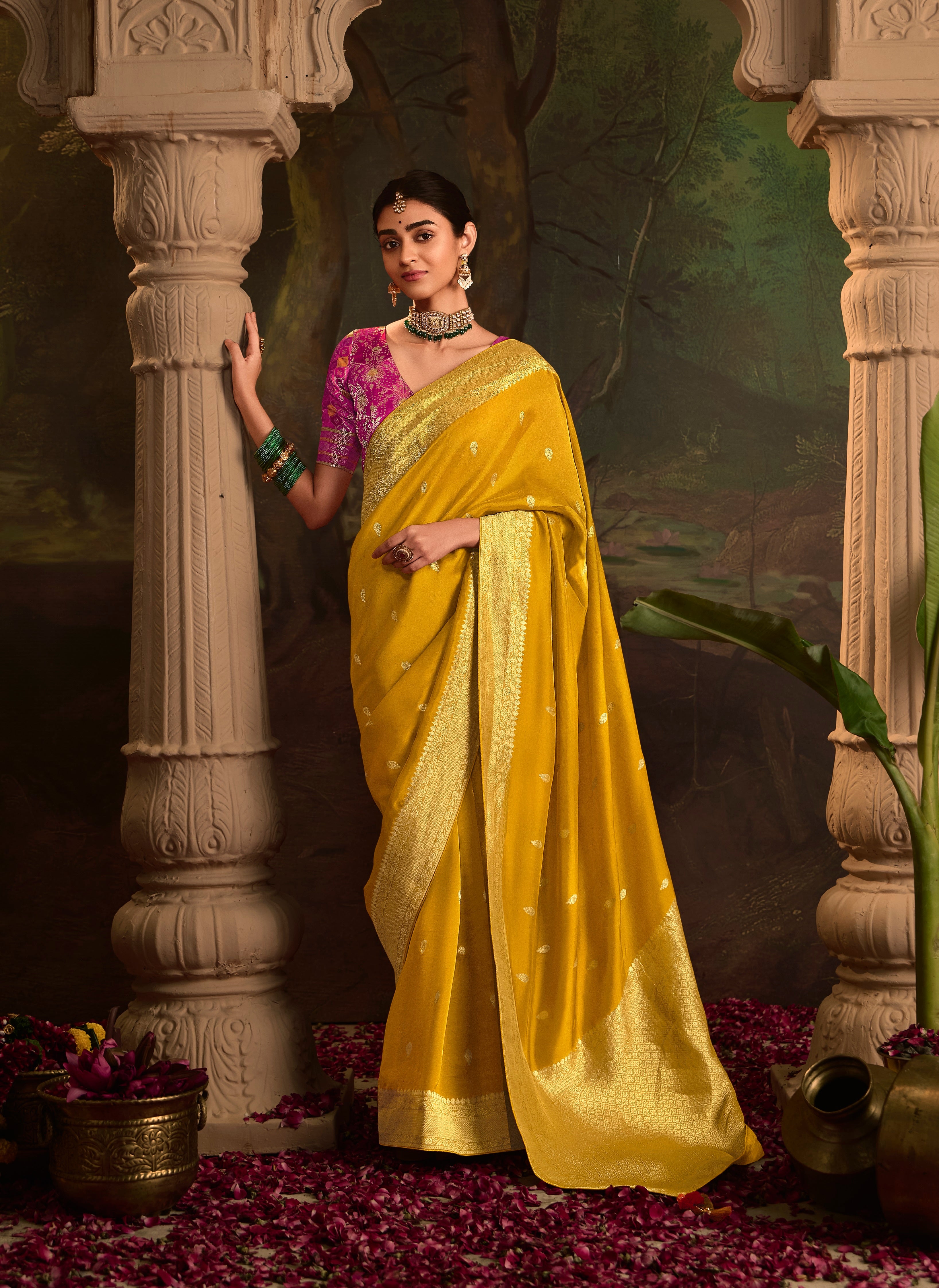 Yellow Pure Crepe Dola Silk With Heavy Viewing Work And Tussles On Pallu Saree - qivii