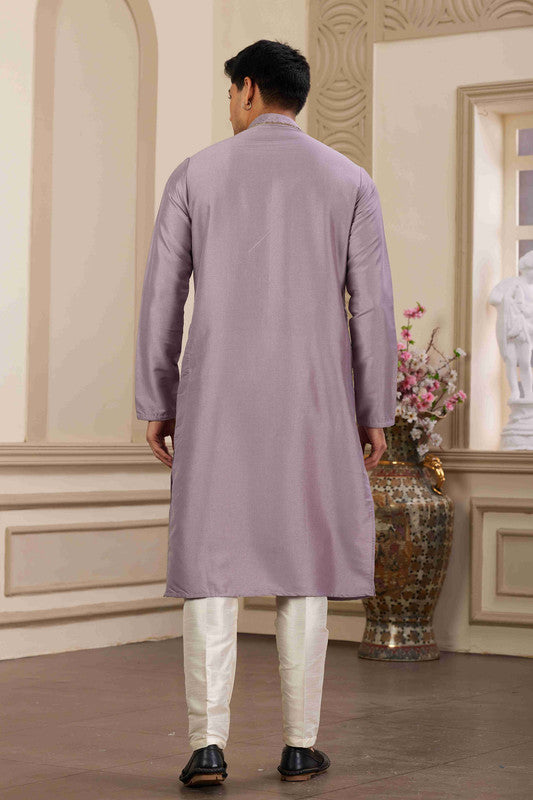 Men's Banarasi Art Silk Hand Work Kurta Pajama In Purple Colour