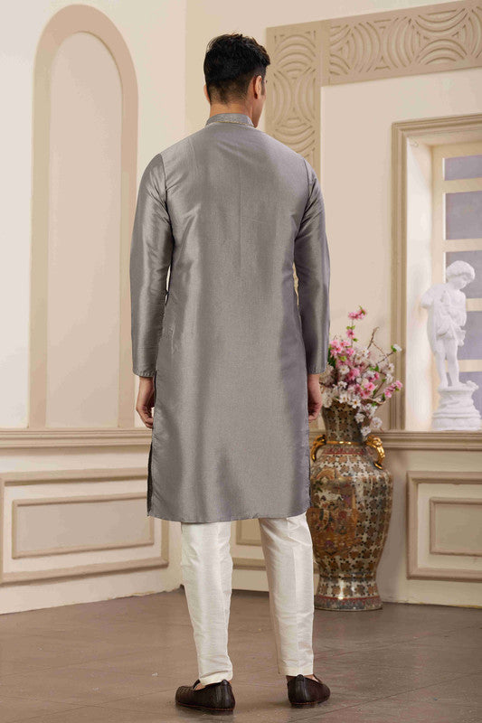 Men's Banarasi Art Silk Hand Work Kurta Pajama In Grey Colour