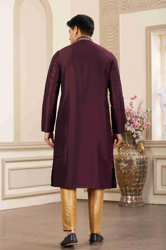 Men's Banarasi Art Silk Hand Work Kurta Pajama In Wine Colour