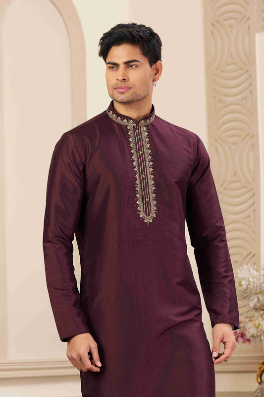 Men's Banarasi Art Silk Hand Work Kurta Pajama In Wine Colour
