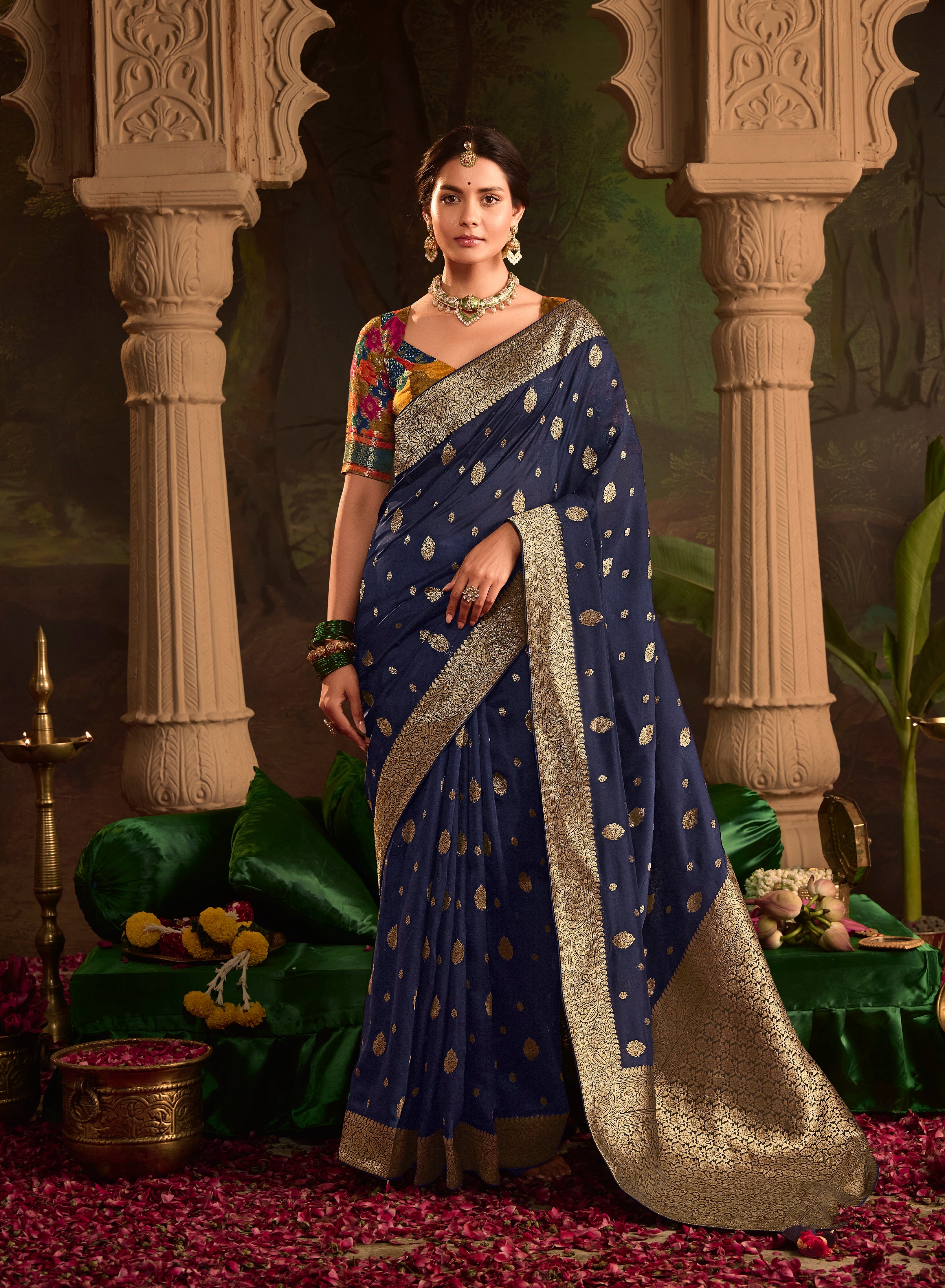 Navy Blue Pure Crepe Dola Silk With Heavy Viewing Work And Tussles On Pallu Saree - qivii