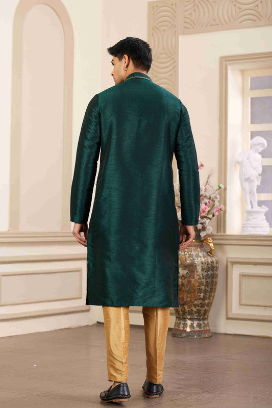 Men's Banarasi Art Silk Hand Work Kurta Pajama In Green Colour