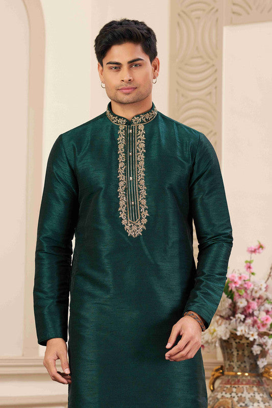 Men's Banarasi Art Silk Hand Work Kurta Pajama In Green Colour
