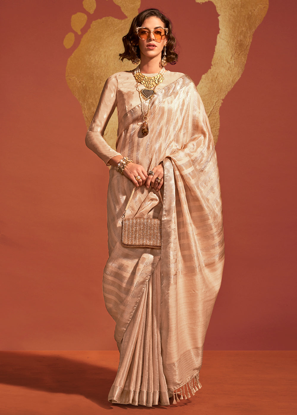 Beige Brown Handwoven Viscose Designer Saree - qivii