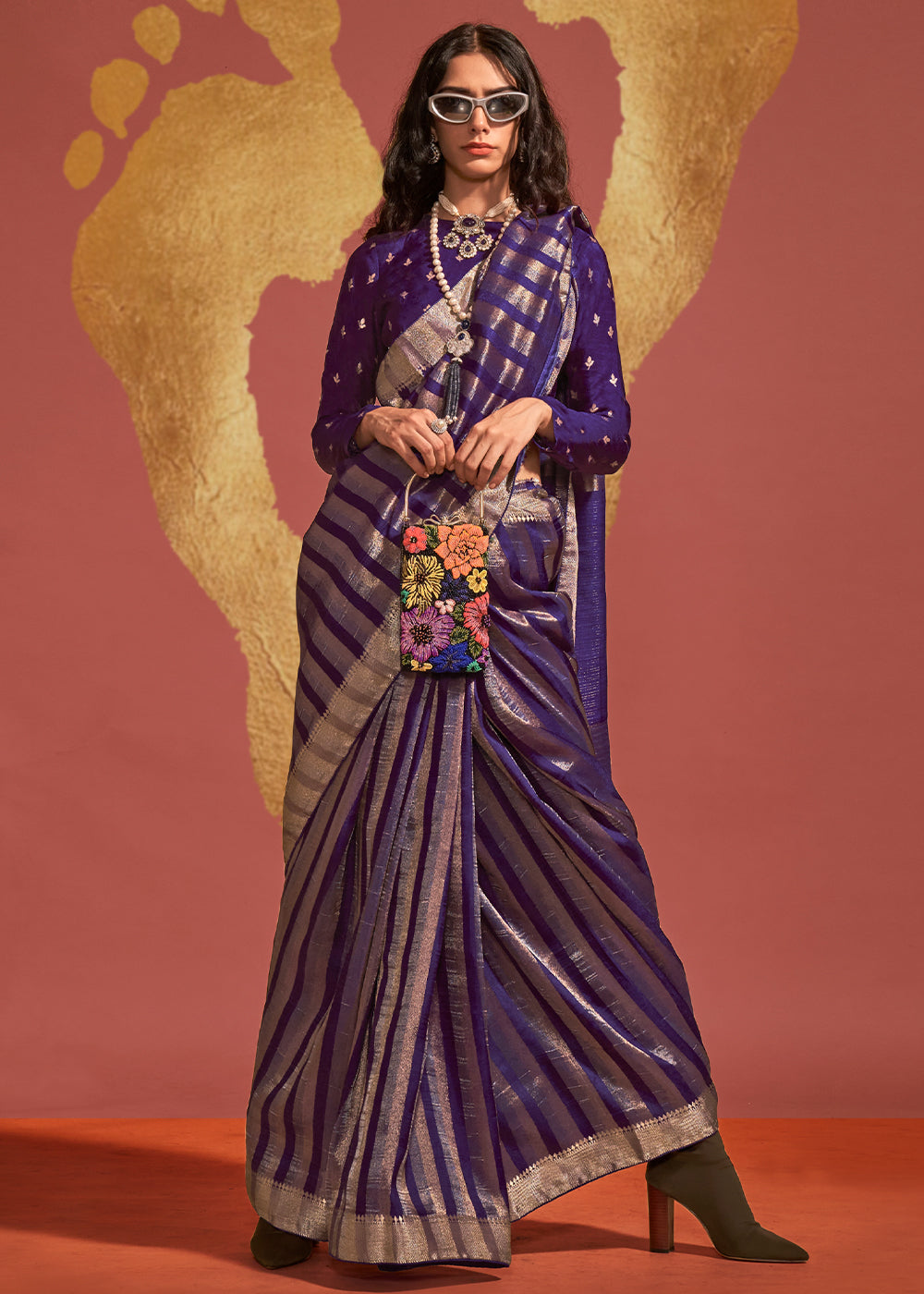 Indigo Brown Handwoven Viscose Designer Saree - qivii