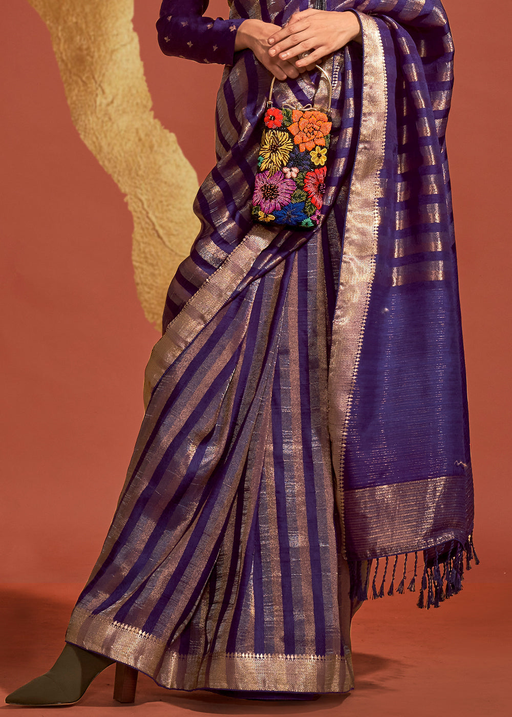 Indigo Brown Handwoven Viscose Designer Saree - qivii