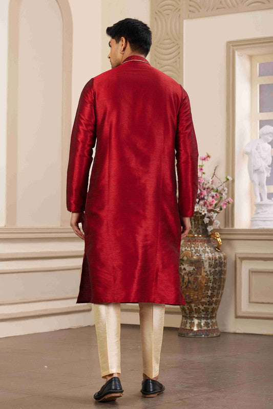 Men's Banarasi Art Silk Hand Work Kurta Pajama In Maroon Colour