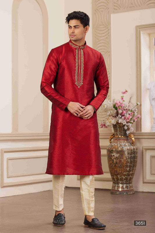 Men's Banarasi Art Silk Hand Work Kurta Pajama In Maroon Colour