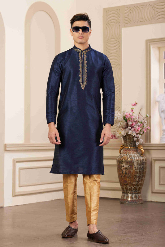 Men's Banarasi Art Silk Hand Work Kurta Pajama In Blue Colour