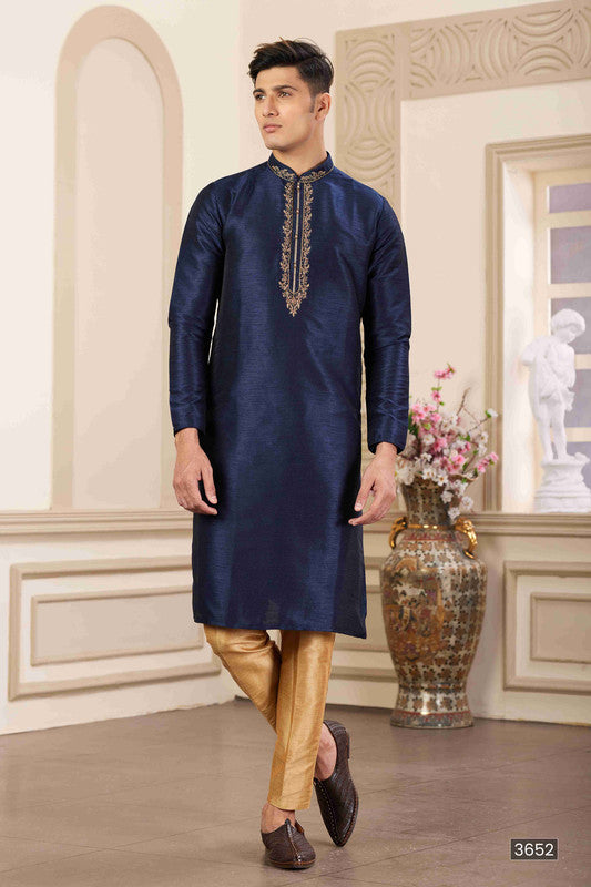 Men's Banarasi Art Silk Hand Work Kurta Pajama In Blue Colour