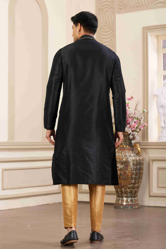 Men's Banarasi Art Silk Hand Work Kurta Pajama In Black Colour