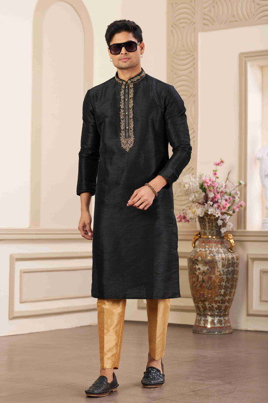 Men's Banarasi Art Silk Hand Work Kurta Pajama In Black Colour